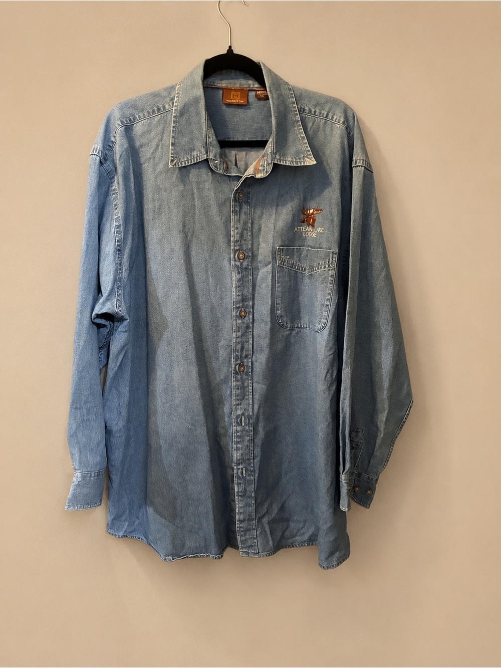 Harriton Men’s 2XL Denim Shirt Attean Lake Lodge Moose Embroidered Blue